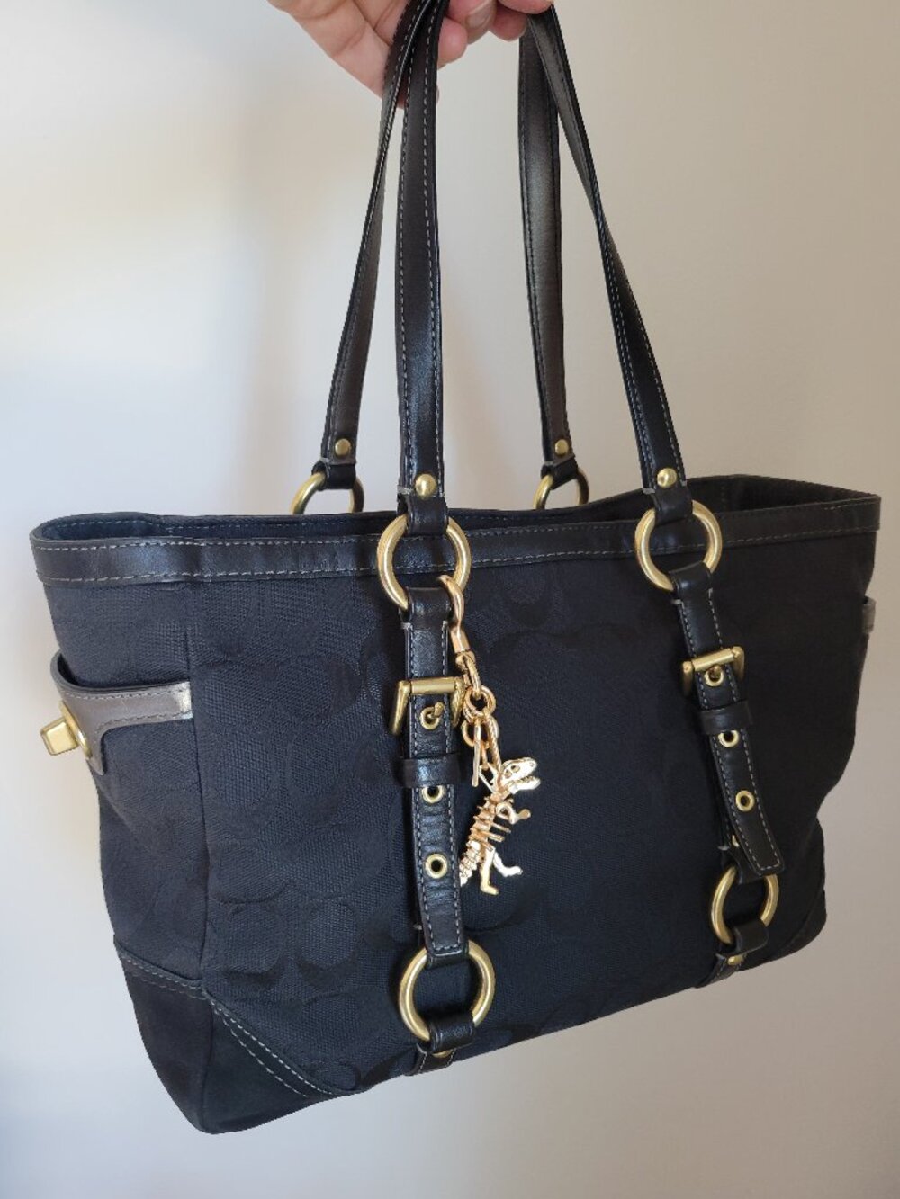 Vintage Y2K Coach Black Monogram Tote Bag 2000’s  Signature Black Canvas /Suede